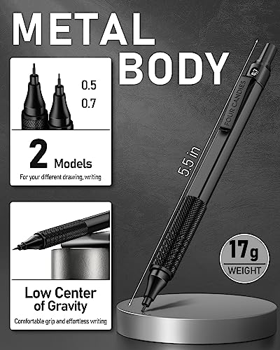 2PCS Metal Mechanical Pencil Set, 0.5mm+0.7mm, Storage Case, Black＆Silver | 360 Lead Refills, 3 Erasers, 9 Eraser Refills, Smooth Writing, Anti Grip, for Sketching, Technical Drawing, Art Projects - color: Silver+Black (2PCS)