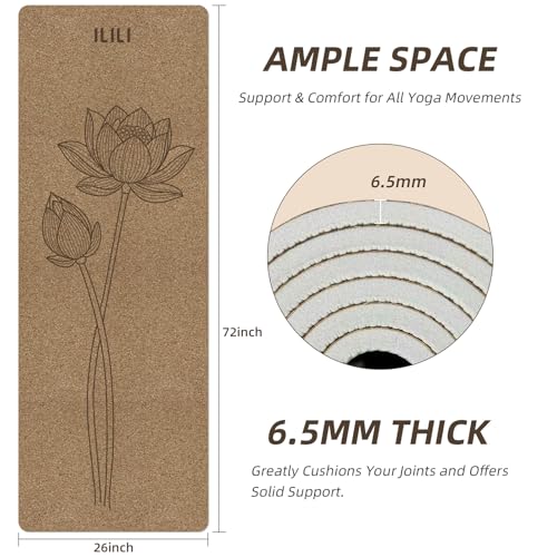 ILILI Cork Yoga Mat Eco-Friendly 1/4 Inch Thick | 72"×26" Natural Cork TPE Exercise Mat, 2 lbs Lightweight Non Slip Mat for Hot Yoga and Gym Workout, Carry Strap - color: Cork+Light Grey