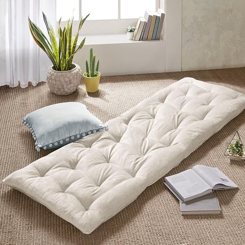 Intelligent Design Foldable Lightweight Lounge Floor Pillow 27" x 74" Ivory | Edelia Poly Chenille Soft Sheen Cushion, Tufted Seat for Meditation, Game Playing, Yoga, Reading with Travel Wrap - color: Ivory