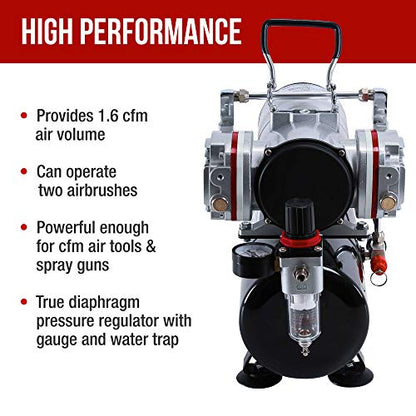 Master Airbrush TC-828 Airbrush Compressor with Tank- 1/4 HP Twin Cylinder, 3L Air Tank, 46L/Min Flow, Dual Air Brush Support, True Diaphragm Regulator, Portable - Ideal for Artists, Studios - style: Dual Piston with Tank