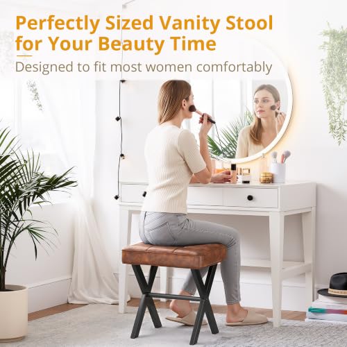 LUE BONA Vanity Stool, Square Faux Leather Makeup Stool with Metal X Legs, Small Ottoman Stool Chair for Vanity, Modern Padded Vanity Seat Foot Rest Stool for Makeup Room, Living Room, Reddish Brown - color: Reddish Brown
