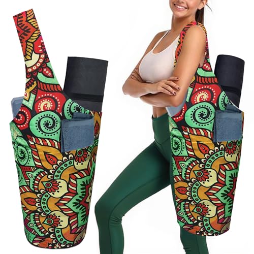 Yoga Mat Bag Carrier for Women with Side Large Pocket Durable Linen Workout Gym Travel Storage Pilates Mats - color: Ethnic Mandala