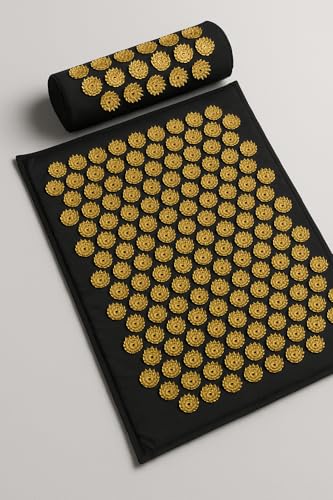 Acupressure Yoga Mat & Pillow Set – Back, Neck & Sciatic Nerve Pain Relief, Muscle Relaxation, Stress Relief – Acupuncture Mat – Ideal Gift for Women (Gold) - color: Gold