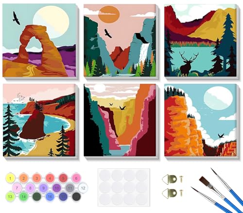 Bowetile 6 Pack Framed Paint by Numbers Kit for Adults Beginner, Landscape Adults' Paint-by-Number Kits on Canvas, Easy Acrylic Number Painting Kits for Home Decor Gifts, 8x8in - color: 8x8in-6-Landscape-01