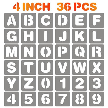 BAMIDELE 4 Inch Letter and Number Stencils, 36 Pcs Reusable Plastic Alphabet Spray Paint Stencils for Painting on Wood, Wall, Fabric, Rock, Chalkboard, Door Porch, Signage, DIY Craft Decoration - size: 4 Inch