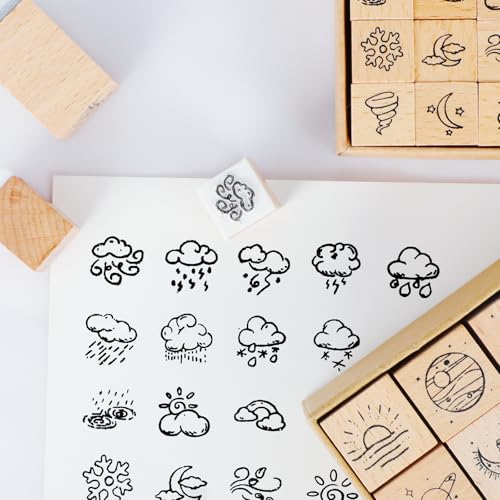 41 Pieces Wooden Rubber Stamp Set, Moon Star Various Weather Patterns Wood Stamps for Journal, Diary, Scrapbook, Planner, Letter, DIY Craft, Card Making(2pcs Weather and Galaxies) - color: 2pcs Weather and Galaxies