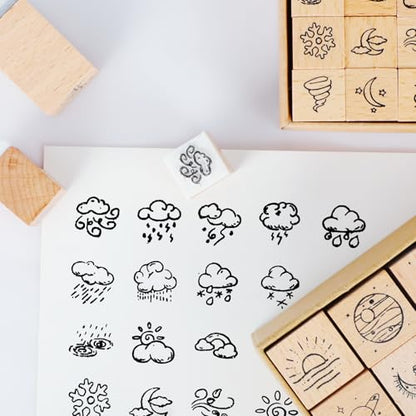 41 Pieces Wooden Rubber Stamp Set, Moon Star Various Weather Patterns Wood Stamps for Journal, Diary, Scrapbook, Planner, Letter, DIY Craft, Card Making(2pcs Weather and Galaxies) - color: 2pcs Weather and Galaxies
