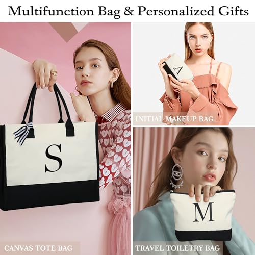 YOOLIFE Gifts for Women - Initial Canvas Tote Bag & Makeup Bag, Birthday Gifts for Women Mom Sister Friends - style: A