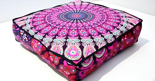 INDIAN CRAFT CASTLE 24" Pink Peacock Mandala Barmeri Large Floor Pillow Cover Cushion Meditation Seating Ottoman Throw Cover Hippie Decorative Zipped Bohemian Pouf Ottoman Pom Pom Cases 24" Square - color: Pink, style: 24 Inch Square