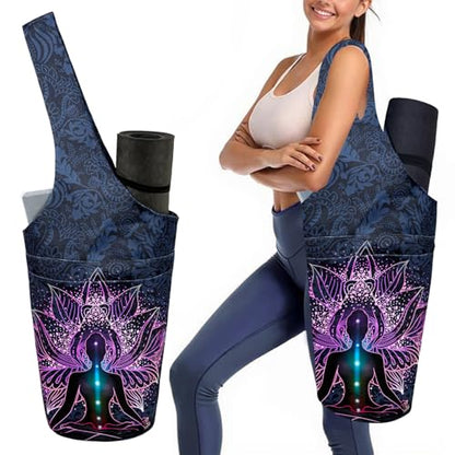Yoga Mat Bag Carrier for Women with Side Large Pocket Durable Linen Workout Gym Travel Storage Pilates Mats - color: Spiritual Meditation