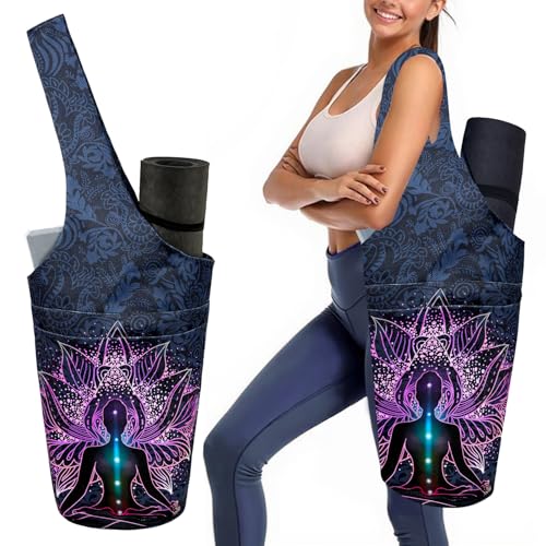Yoga Mat Bag Carrier for Women with Side Large Pocket Durable Linen Workout Gym Travel Storage Pilates Mats - color: Spiritual Meditation