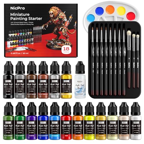 Nicpro All-In-One Miniature Painting Kit, Starter Paint Set with 18 Colors | Model Paint & Thinner(20ml), Palette, 11 Detail Paint Brushes Drybrush, Miniature Paint Set for Models, Scale Figures, Crafts - color: 18 Colors + 11 Paint Brushes + 1 Thinner +