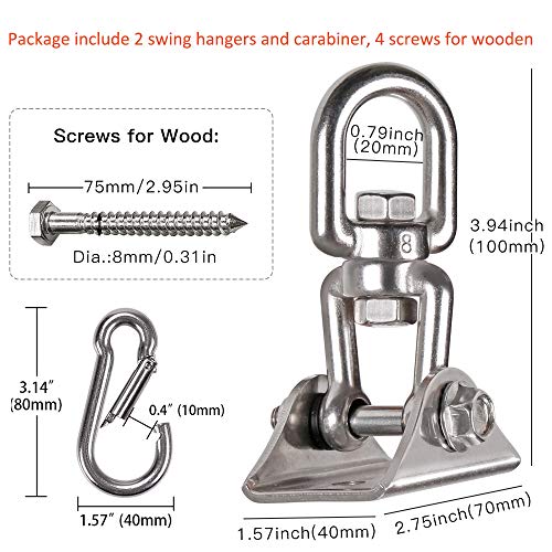 2 Pack Heavy Duty 360° Swivel Swing Hanger, Stainless Steel Hammock Hook for Ceiling Wooden Swing Set Bracket, Punching Bag Hanger for Playground Gym Rope Hammock Chair Swing, 1200 Lb Load - style: 2 Pack with Snap Hook