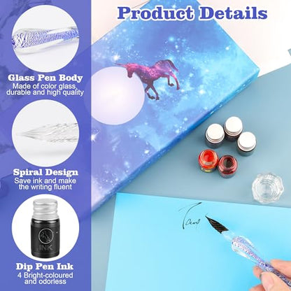 Luxiv Glass Dip Pen Set, Purple Crystal Pen With Ink, Holder, and Package - color: Purple, style: Sets (15Pcs)