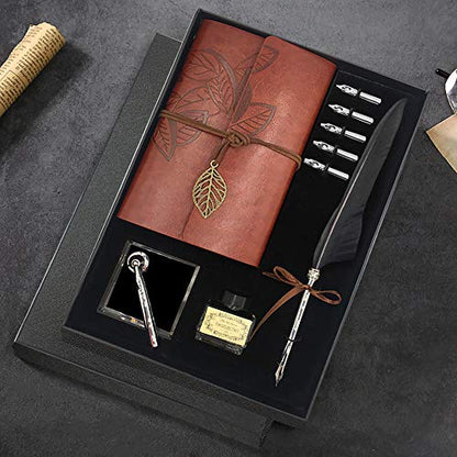 GCCL Quill Pen and Ink Set, Antique Feather Dip Calligraphy Pen Set, including Feather Pen, 5 Replacement Nibs, Pen Nib Base, Notebook, Ink, Gift Box, Best Gifts for Men Dad (Black) - color: Black