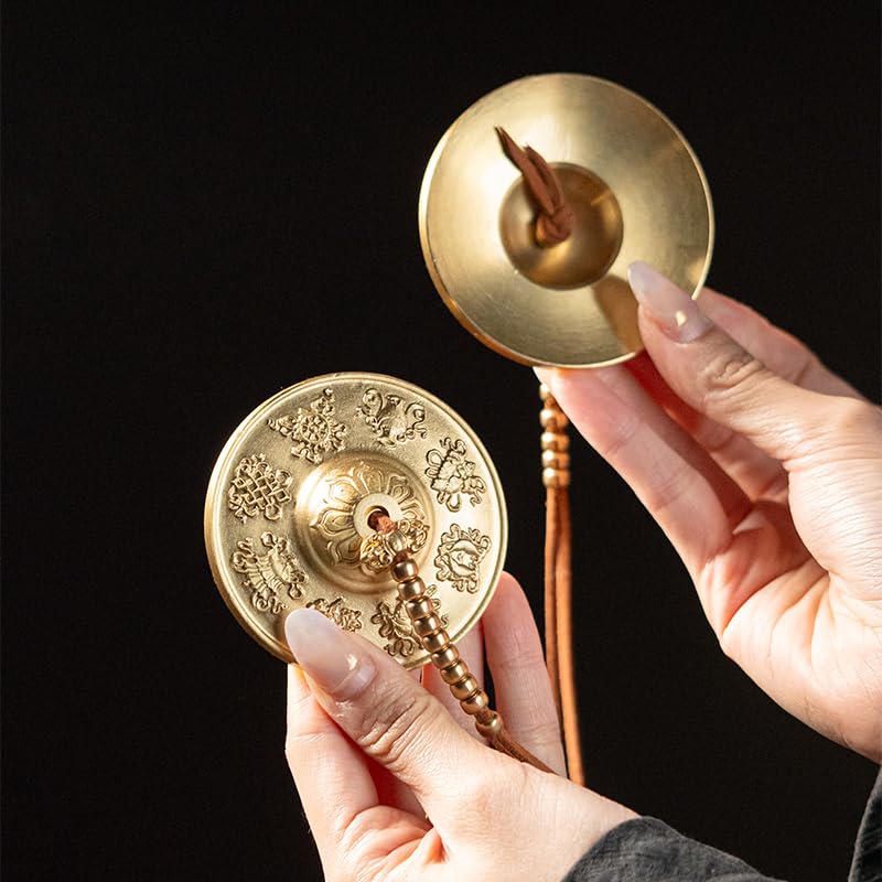 Tibetan Meditation Bell, Brass Tingsha Cymbals with Cloth Bag - size: Eight Symbols with Beads