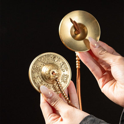 Tibetan Meditation Bell, Brass Tingsha Cymbals with Cloth Bag - size: Eight Symbols with Beads