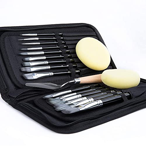 18 Piece Paint Brush Set, ARTIFY 15 Acrylic Paint Brushes, Palette Knife, and 2 Sponges, Professional Artist Paint Brushes for Acrylics, Watercolors, Gouache, Canvas, and Face Painting,Black - color: Black, size: 18 Pcs