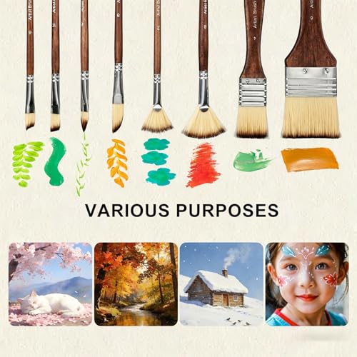 26pcs Paint Brush Set, Professional Paintbrush Set with Wide Flat, Filbert, Fan, Dagger, Cat Tongue, Round, Angle, Rigger for Acrylic, Oil, Canvas Paintings, Face Painting