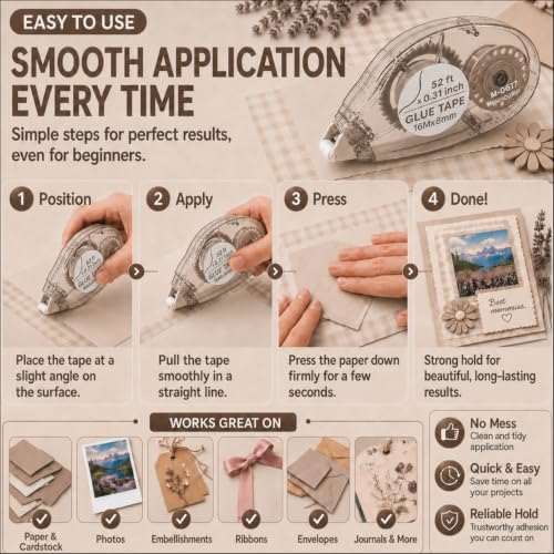 MARCADORUS Double Sided Tape Roller, Scrapbook Tape Runner Extra Long 52Ft | 52Ft x 0.31In Per Roller, 416Ft Total, Permanent, Acid-Free, Adhesive Photo Tape for Scrapbooking, Journaling & Paper Crafts - size: 52.5 Ft x 0.31 In : 8 Pack