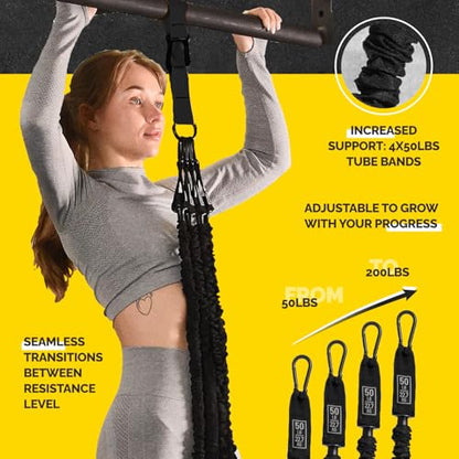 Pull Up Assistance Bands Set with 4 Levels, Adjustable Strap and Foot Rest | 50–200 lb stackable pull-up assistance, nylon-sleeved bands, adjustable support, reduced snap-back risk - color: Black
