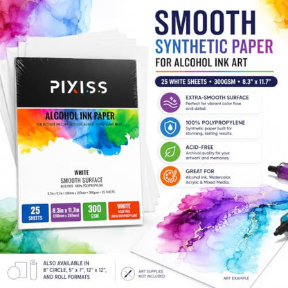 White Alcohol Ink Paper - 25 Sheets Pixiss Heavy Weight Art Paper for Alcohol Ink & Watercolor - Extra Smooth Synthetic Paper A4 8x12 inches, 300gsm - size: 1 Pack | 25 Sheets