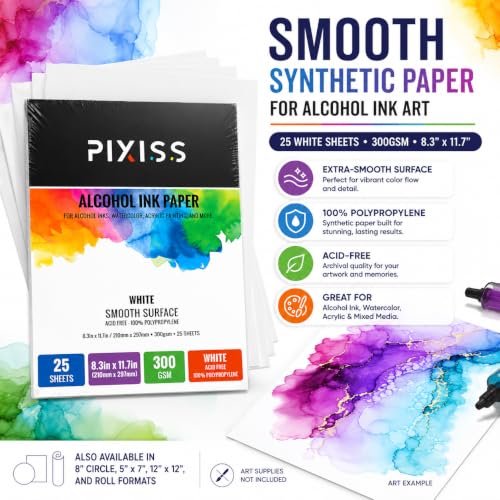 White Alcohol Ink Paper - 25 Sheets Pixiss Heavy Weight Art Paper for Alcohol Ink & Watercolor - Extra Smooth Synthetic Paper A4 8x12 inches, 300gsm - size: 1 Pack | 25 Sheets