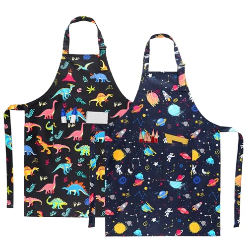 2 Pack Kids Apron, Cute Cooking Aprons, Waterproof Art Apron with Pockets, Toddler Painting Artist Apron Adjustable - color: Space and Dinosaurs, size: 40*50cm