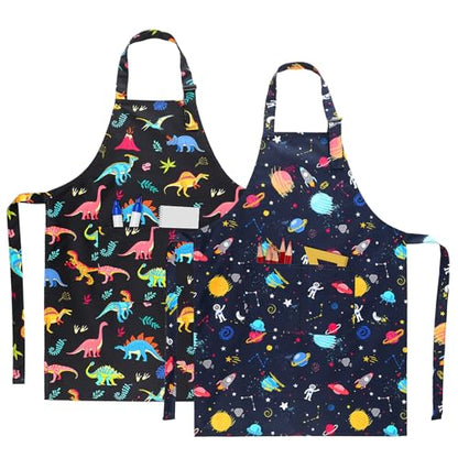 2 Pack Kids Apron, Cute Cooking Aprons, Waterproof Art Apron with Pockets, Toddler Painting Artist Apron Adjustable - color: Space and Dinosaurs, size: 40*50cm