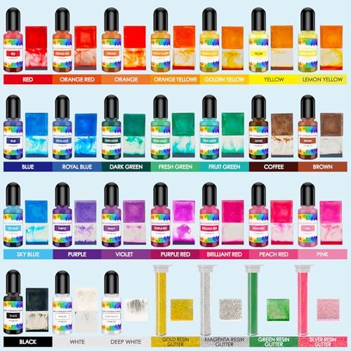 28pcs Alcohol Ink Set, 24 Vibrant Colors Concentrated Alcohol Inks for Resin Art, Epoxy Resin, Tumbler Making, Petri Dish Making, 10ml/0.35oz, with 4 Resin Glitters