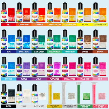 28pcs Alcohol Ink Set, 24 Vibrant Colors Concentrated Alcohol Inks for Resin Art, Epoxy Resin, Tumbler Making, Petri Dish Making, 10ml/0.35oz, with 4 Resin Glitters