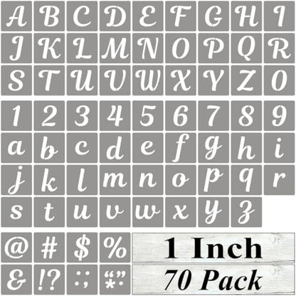 1 Inch Letter Stencils for Painting - 70 Pack Alphabet Letter and Number Stencil Templates with Signs for Painting, Reusable Cursive Alphabet Stencils for Chalkboard Wood Crafts & Wall Decor - size: 1 Inch