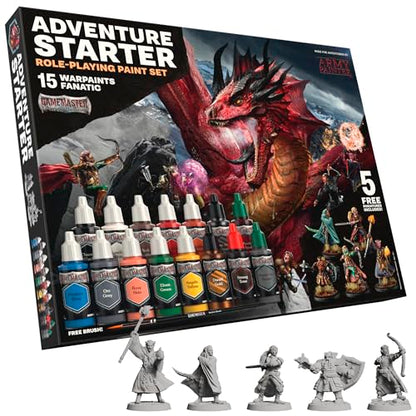 The Army Painter, GameMaster Adventure Starter Set, 15 x 18 ml | 15 x 18ml Warpaints Fanatic Acrylic paints, incl. a Brush-On Primer, 5 FREE Miniatures & 1 Brush - For Warhammer & Dnd - color: Adventure Starter Paint Set