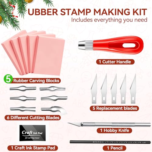 WAYCOM 5-Pack Linoleum Blocks for Printmaking: Linocut kit with Tools & Ink - 4x6 Rubber Carving Blocks - Art Craft Supplies for Beginners & Hobbyists - Gifts for Christmas/Birthday/Art Enthusiast - color: 5 Rubber Blocks + Carving Tool Kit