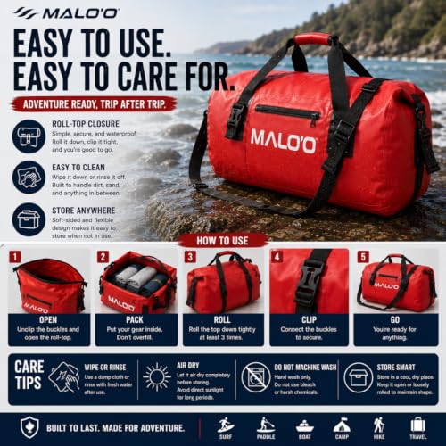 Malo’o Waterproof Dry Duffel, Heavy-Duty Roll Top Waterproof Gear Bag with Shoulder Strap & Molle Loops, Marine Duffel for Kayaking, Boating, Camping, Beach & Travel, Black, 40L - color: Black, size: 40L