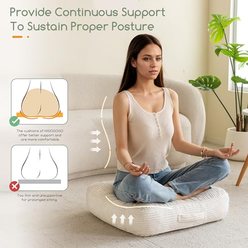 HIGOGOGO 6" Washable Floor Pillow Cushion for Adults, Meditation Cushion Pillow, Large Square Floor Sitting, Removable Tufted Corduroy Cover, for Tatami Living Room or Yoga, 22x22 Inch,Beige