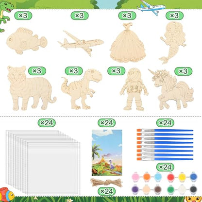 Saypacck 24 Pcs Animal Theme Party Favors Wooden Paint Craft Kits | Princess Unicorn Fairy Cowgirl Themes, With Brush Organza Bag, Ideal for Kids Girls Birthday Party Goodie Bag Fillers - style: Mixed Style