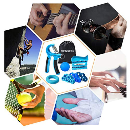 Grip Strength Trainer 7 Pack Adjustable Hand Gripper, Finger Stretcher Resistance Extensor Bands, Finger Exerciser, Grip Strength Ring & Stress Ball, Hand Grip Strengthener - color: Blue