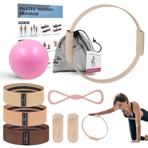 Wavar Pilates Essentials Kit for Women, 13.5" Magic Circle Fitness Set | with mini ball & resistance bands, for beginner home workouts, including exercise guide - color: Cream