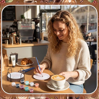 Reallnaive 8 Pcs Coffee Paint by Numbers Kit for Adults Wooden Coaster | Mini Paint by Numbers, Tiny Brown Round Oil Painting Drink Coaster with Holder, for Small DIY Craft Birthday Gift - style: Coffee