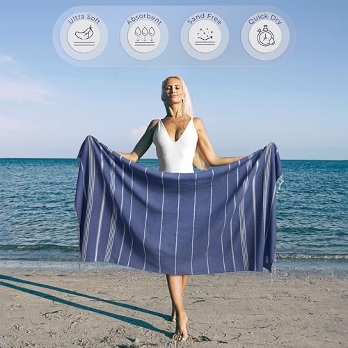 Ossano Turkish Beach Towel Compact & Soft Extra Large (39" x 71") - Quick Dry, Versatile and Functional as Yoga Mat, Picnic and Travel Blanket, Bath Towels/Vacation Essential - Indigo Blue - color: Indigo Blue