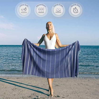 Ossano Turkish Beach Towel Compact & Soft Extra Large (39" x 71") - Quick Dry, Versatile and Functional as Yoga Mat, Picnic and Travel Blanket, Bath Towels/Vacation Essential - Indigo Blue - color: Indigo Blue