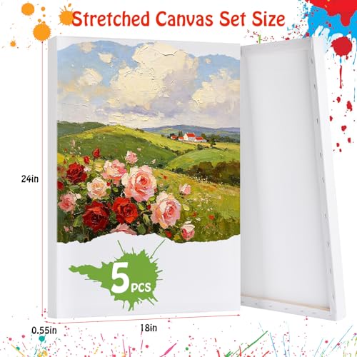 Stretched Canvas for Painting - 18x24 Inch/5 Canvas Value Pack - Triple Primer Acid Free 100% Cotton Blank Canvas for Painting Supplies Oil and Acrylic Pouring Art Watercolor - size: 5 Pack - 18x24 Inches