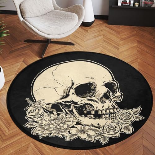 keepcute Skull Flower Area Rug 6ft, Washable Non-Slip - color: Skull Rose Flower, size: 6' (Round)