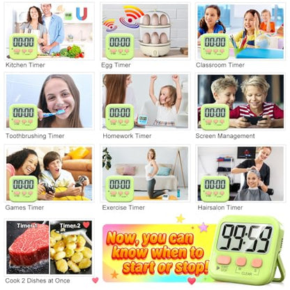 Antonki 2 Pack Digital Timer for Kids Classroom Kitchen Timers for Cooking | w/ Battery, Easy to View, Alarm, Mute Mode, Count Down/Up, Magnetic, Kickstand, Hanging, Classroom Timer for Teacher Supplies - color: Light Green