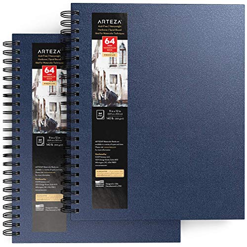 ARTEZA Watercolor Sketchbook 2-Pack, 9x12 Inches – 64 Pages Each, Cold Press 140 lb Paper, Spiral-Bound Hardcover Journal for Artists & Mixed Media - color: Blue, size: 9x12 inch - 2 pack