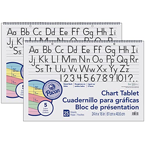 Pacon® Colored Paper Chart Tablet, Manuscript Cover, 5 Assorted Colors, 1-1/2" Ruled, 24" x 16", 25 Sheets, Pack of 2