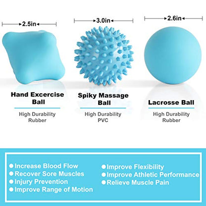 Posture Magic Massage Ball Set for Myofascial Trigger Point Release & Deep Tissue Massage - Set of 6 - Large Foam/Small Foam/Lacrosse/Peanut/Spiky/Hand Exercise Ball (Blue) - color: Blue