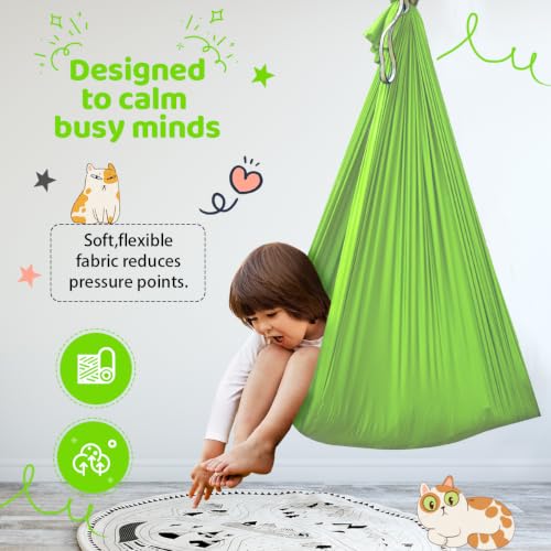 Aokitec Sensory Swing for Kids & Adult, Indoor Outdoor Cuddle Hammock Chair | Therapy swing for Special Needs, Autism, ADHD, Adjustable, Soft Nylon 59''x67'', 360 Swivel Hanger, All Hardware Included - color: Fruit Green