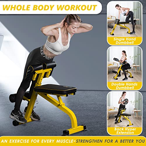 BODYRHYTHM Compact Adjustable Weight Bench for Full Body Strength Training, Ab/Back Hyper Roman Chair, Adjustable Ab Sit up Bench, Incline Decline Bench, Flat Bench, Hyperextension Bench, Back Extension Machine - color: Yellow